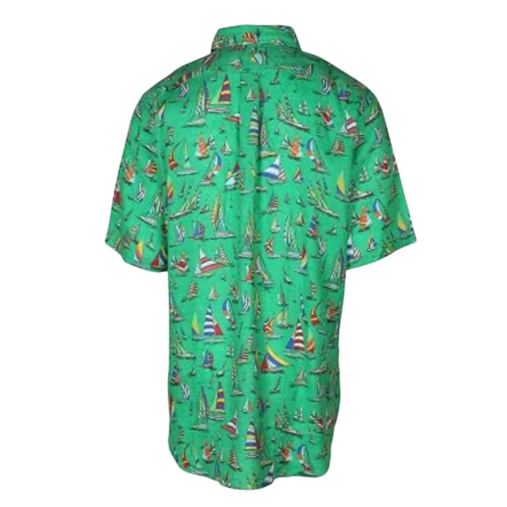 Polo Ralph Lauren Mens Green Linen Sailboat Print Shirt Classic Fit M - Picture 2 of 9